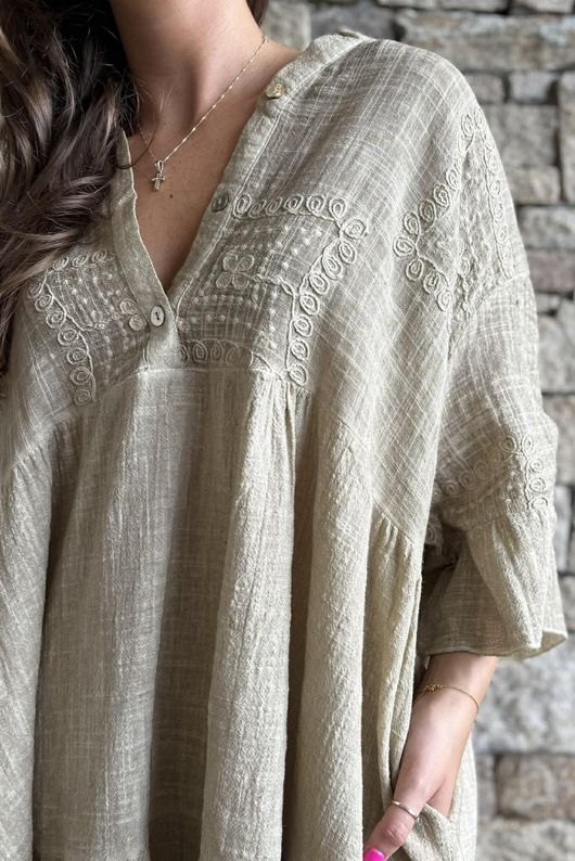 Loom & Thread Embroidered Tiered Smock Dress Washed Oat